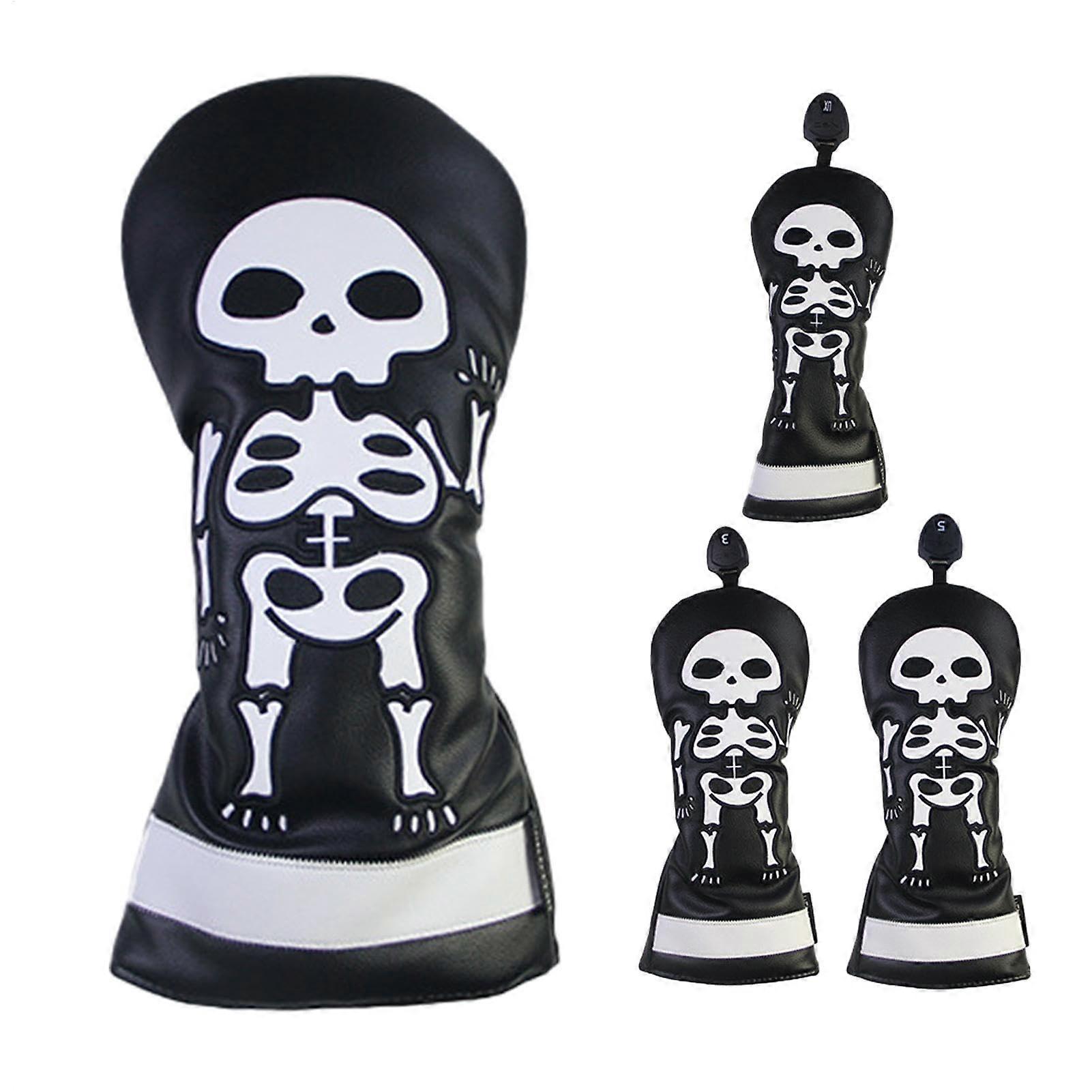 Golf Headcovers Protector - Skeleton Pattern PU Wood Golf Headcover with Embroidered Design for Drivers and Woods