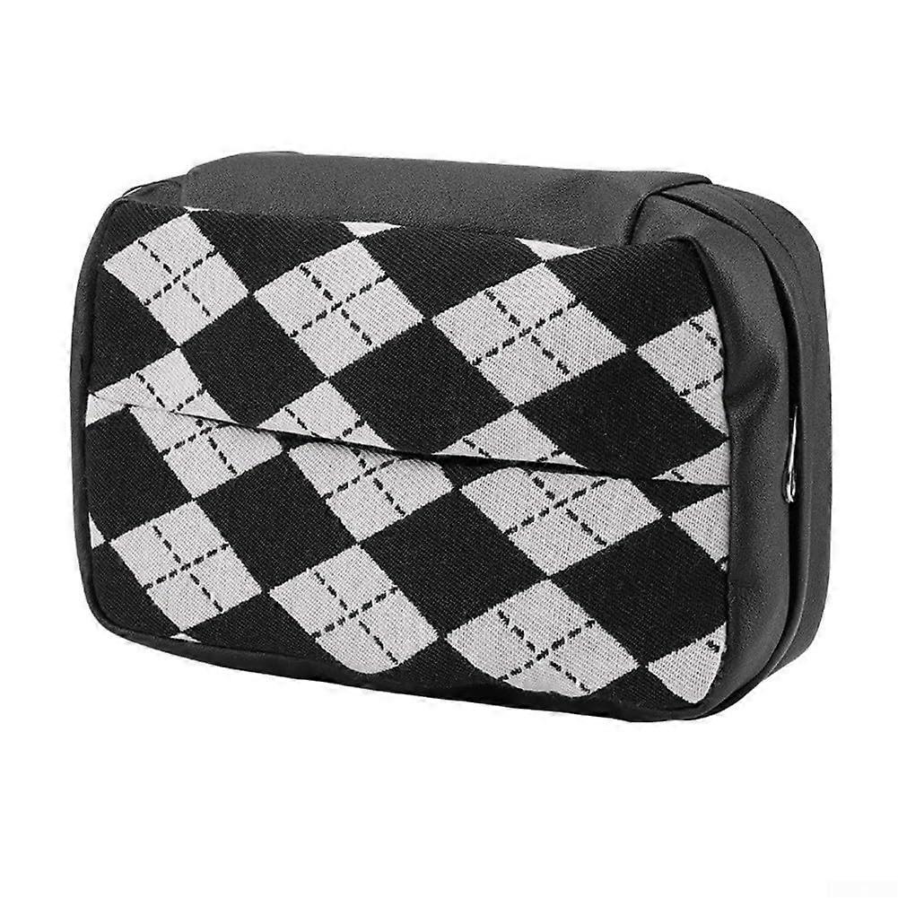 Auto paper towel holder with checkered pattern and leather material, suitable for dashboard and headrest mounting, keeps towels accessible (A).