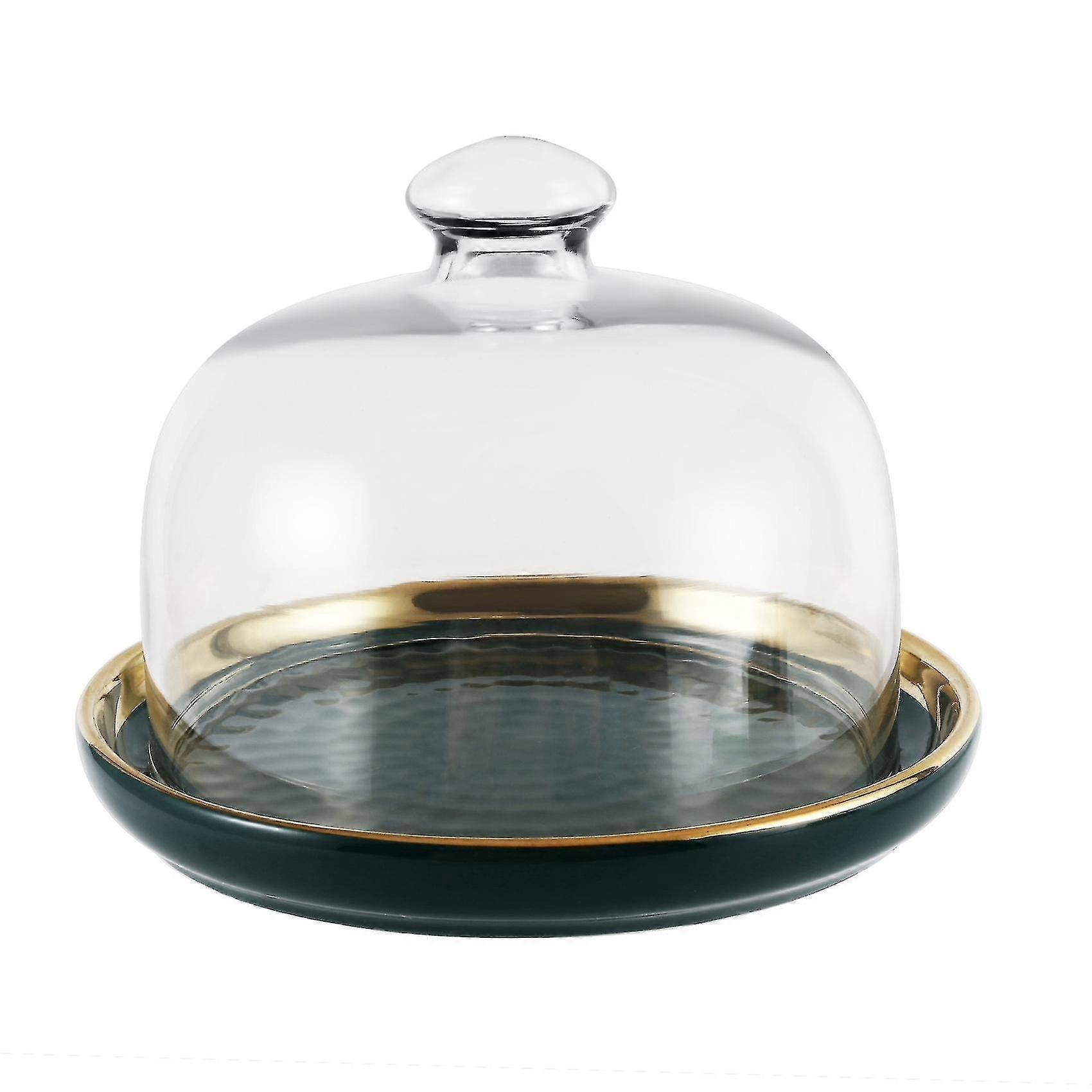 Cake stand with cover and plate, Green ceramic and glass material, 15.5x11 cm, Shatterproof and practical