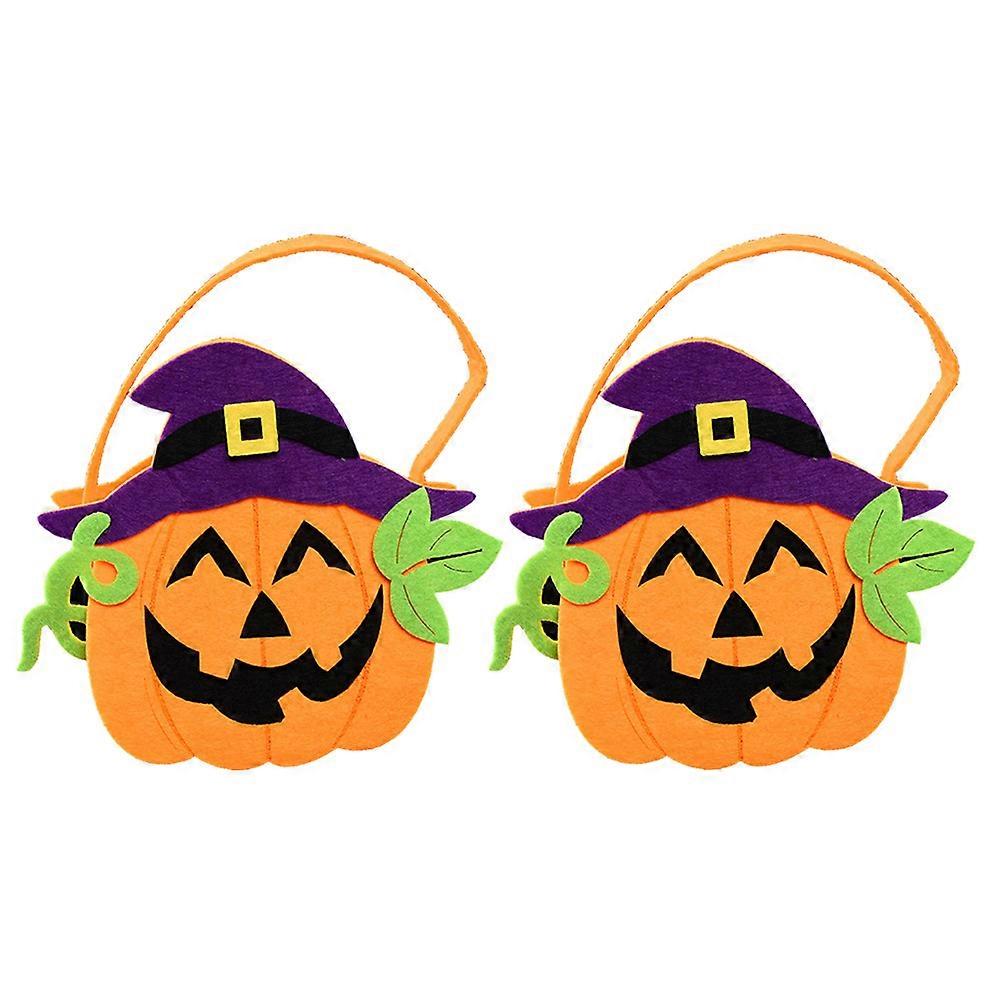 Portable Candy Holder With Rattan Hat Design Halloween Theme Pumpkin Tote Bag For Children 6.7X6.7X2.8In 2Pcs