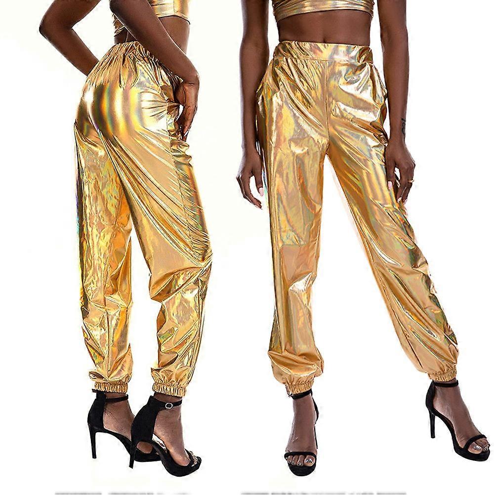Glittering Hip Hop Pants for Female Made of Polyester Comfortable Breathable Casual Pant for Women Wearing Size L Golden