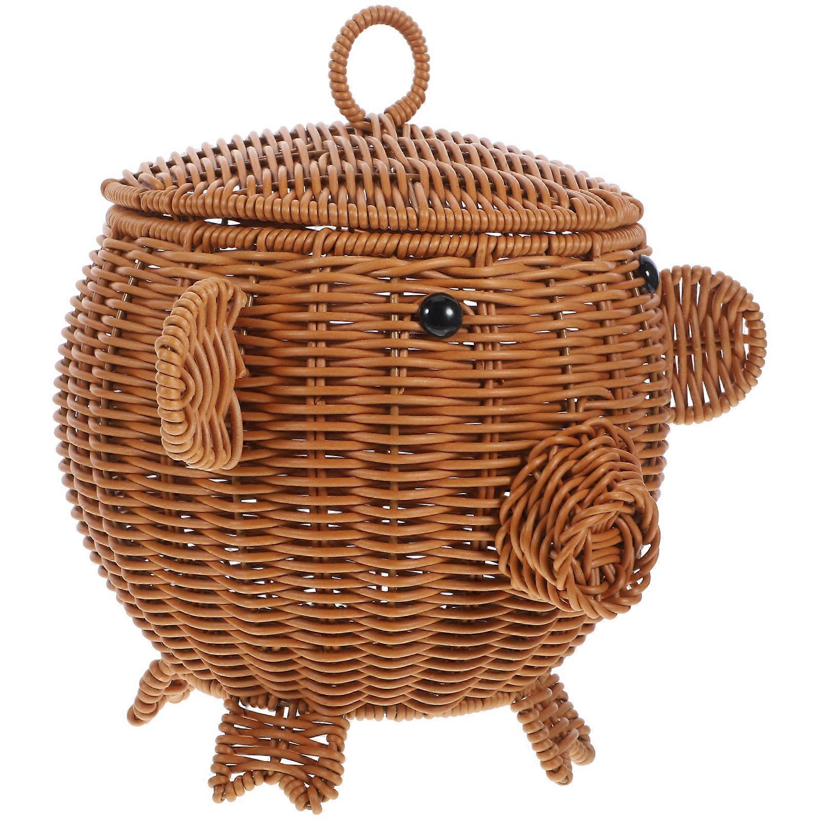 Multi-Use Piggy Shaped Storage Basket For Household Toys Snacks Rustic Woven Style 1Pack