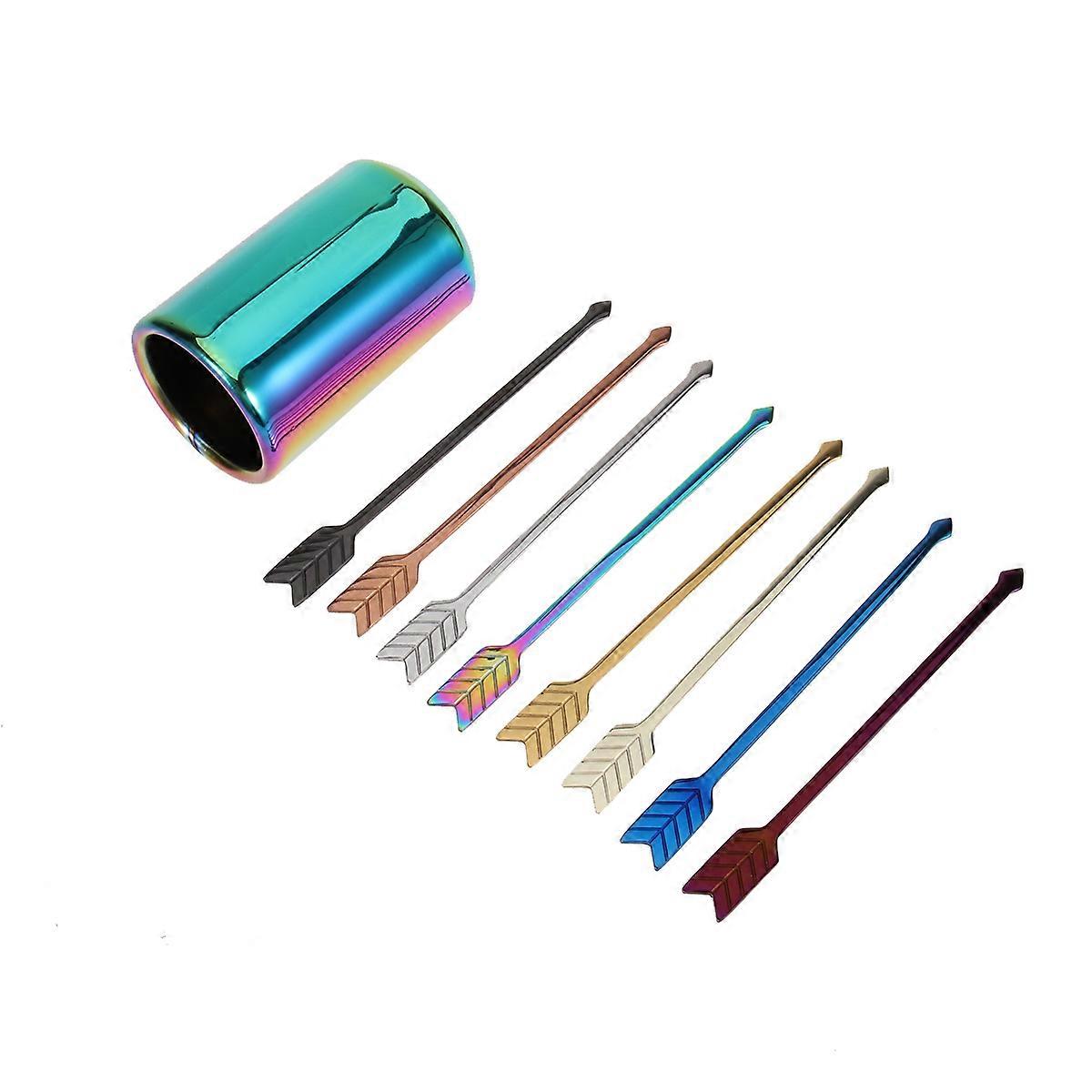 Stainless Steel Fruit Fork Set with Holder Arrow Shape for Eating Fruit 9pcs Assorted Color