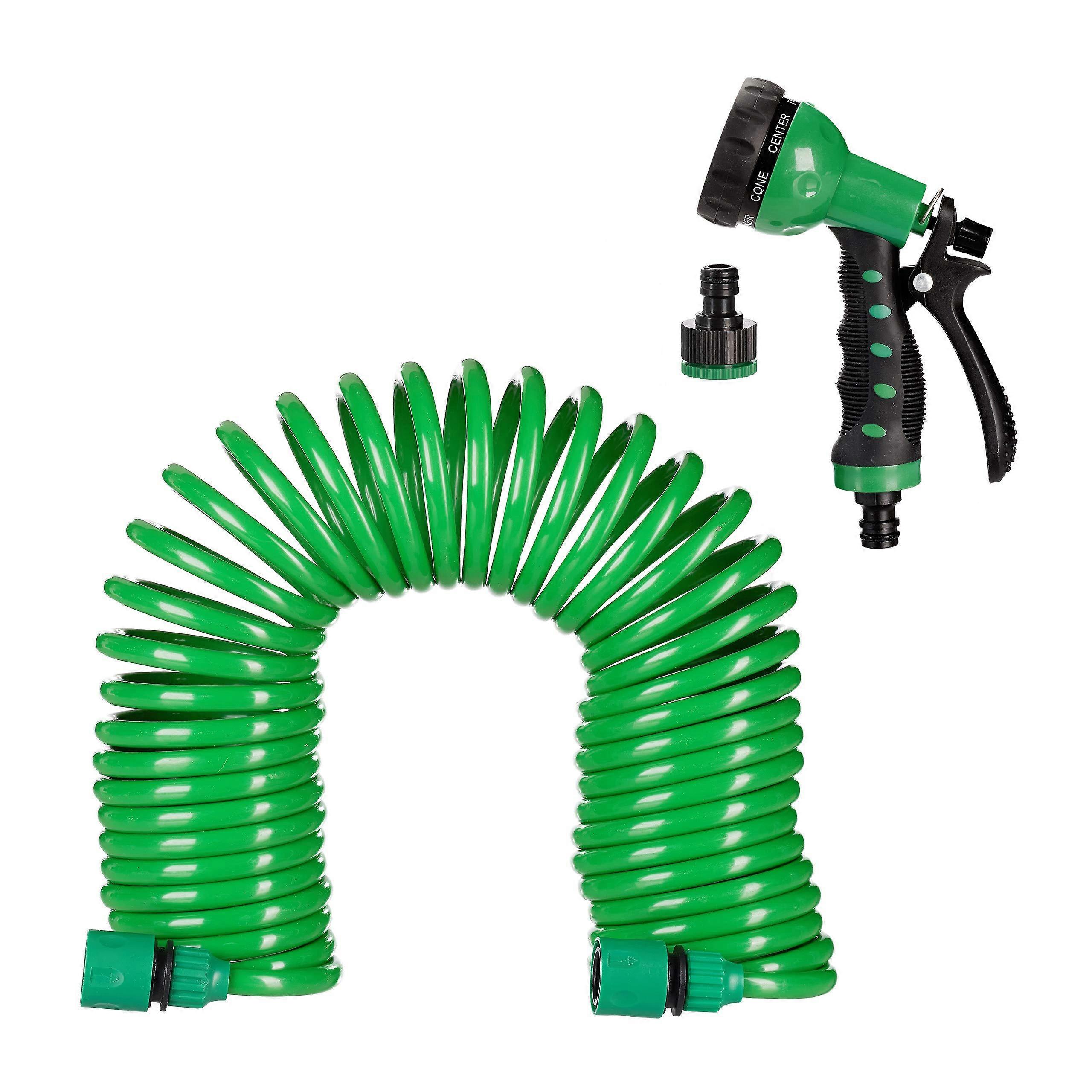 Garden Hose with Shower - Flexible 10m Spiral Water Hose, 7 Jet Types, Green, Dimensions 10 x 47 x 19 cm