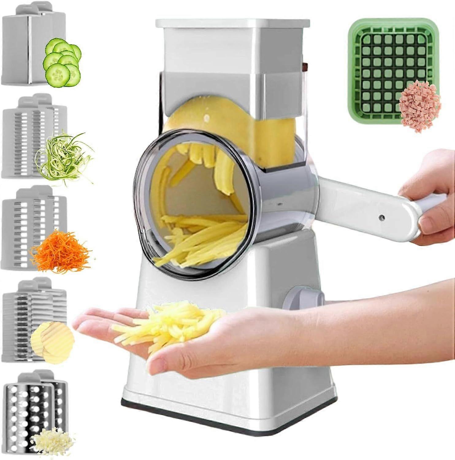 Vegetable Cutter 7 Pieces Vegetable Slicer with 5 Interchangeable Blades, Vegetable Cutter with Crank, Vegetable Chopper, Drum Grater for Slicing Frui
