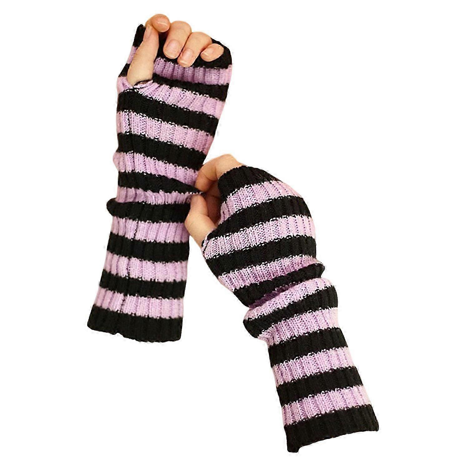 1 Pair Fall Winter Gloves Fingerless Striped Print Knitted High Elasticity Non-slip Arm Sleeves Keep