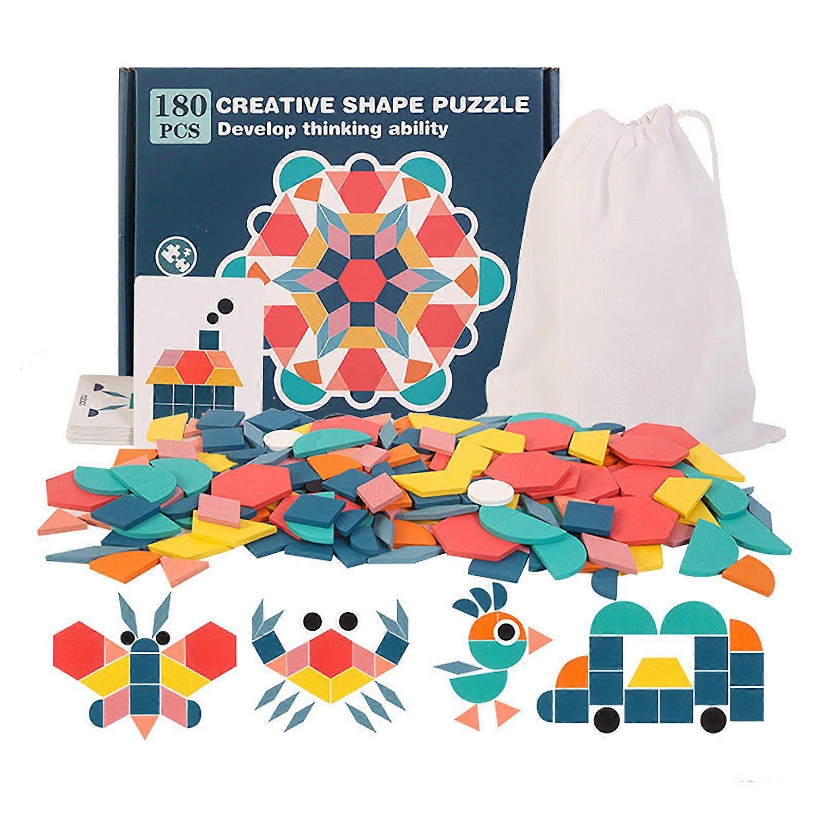 180 Sheets Wood Pattern Blocks Toy Multi Shape Bright Colors Geometric Shapes Puzzle for Kids 3 to 6 Years Old