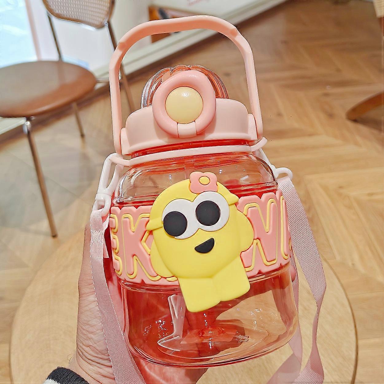 Large capacity cartoon plastic water cup straw children's cup cute student cup outdoor strap portable cup