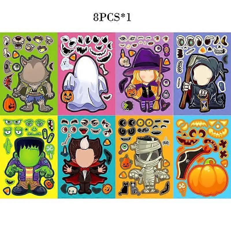 8/16Sheets Halloween Stickers Make Face Stickers Kids Party Favors Gift Toy DIY Pumpkin Witch Ghost Stickers Assemble Jigsaw