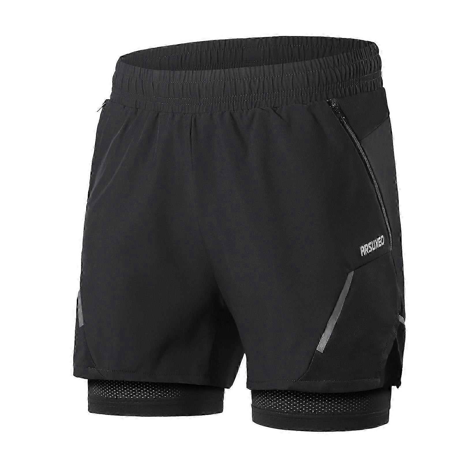 2-In-1 Men Running Shorts with Zipper Pockets Quick Dry Exercise Shorts for Training Gym Workout