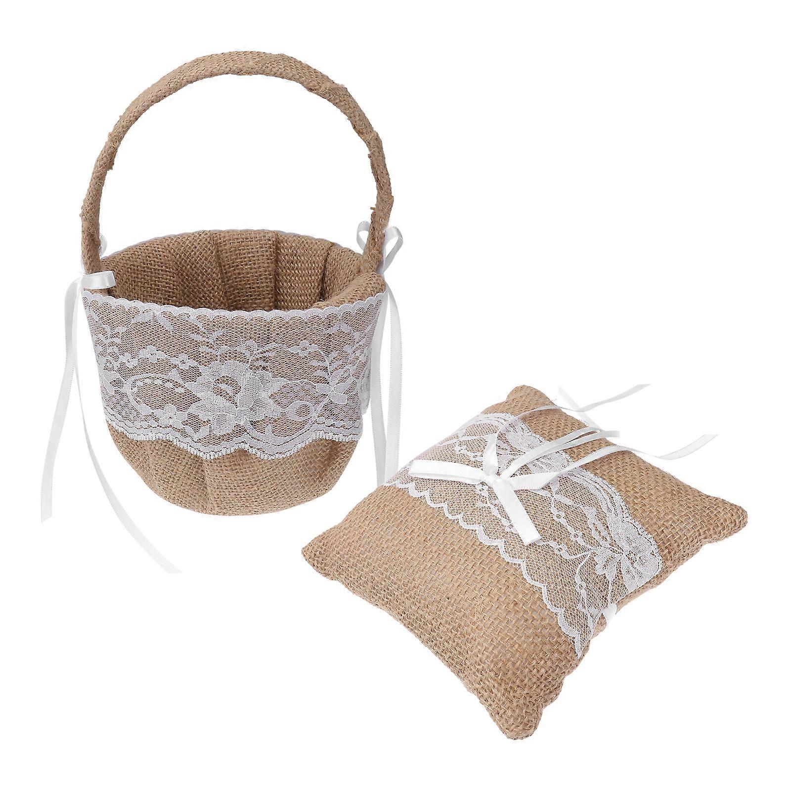 Ring Bearer Pillow for Wedding Use with 2Pcs Linen Flower Basket Cushion