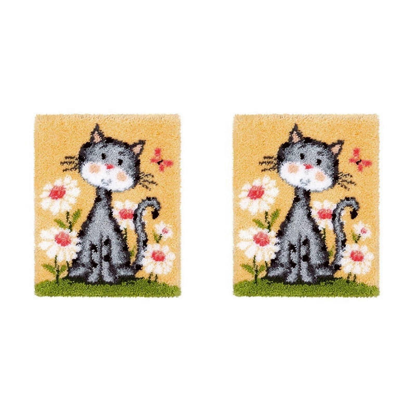 2X Latch Hook Rug Kits DIY Crochet Yarn Rugs Hooking Craft Kit with Color Preprinted Pattern Design for Adults Kids(Cat)