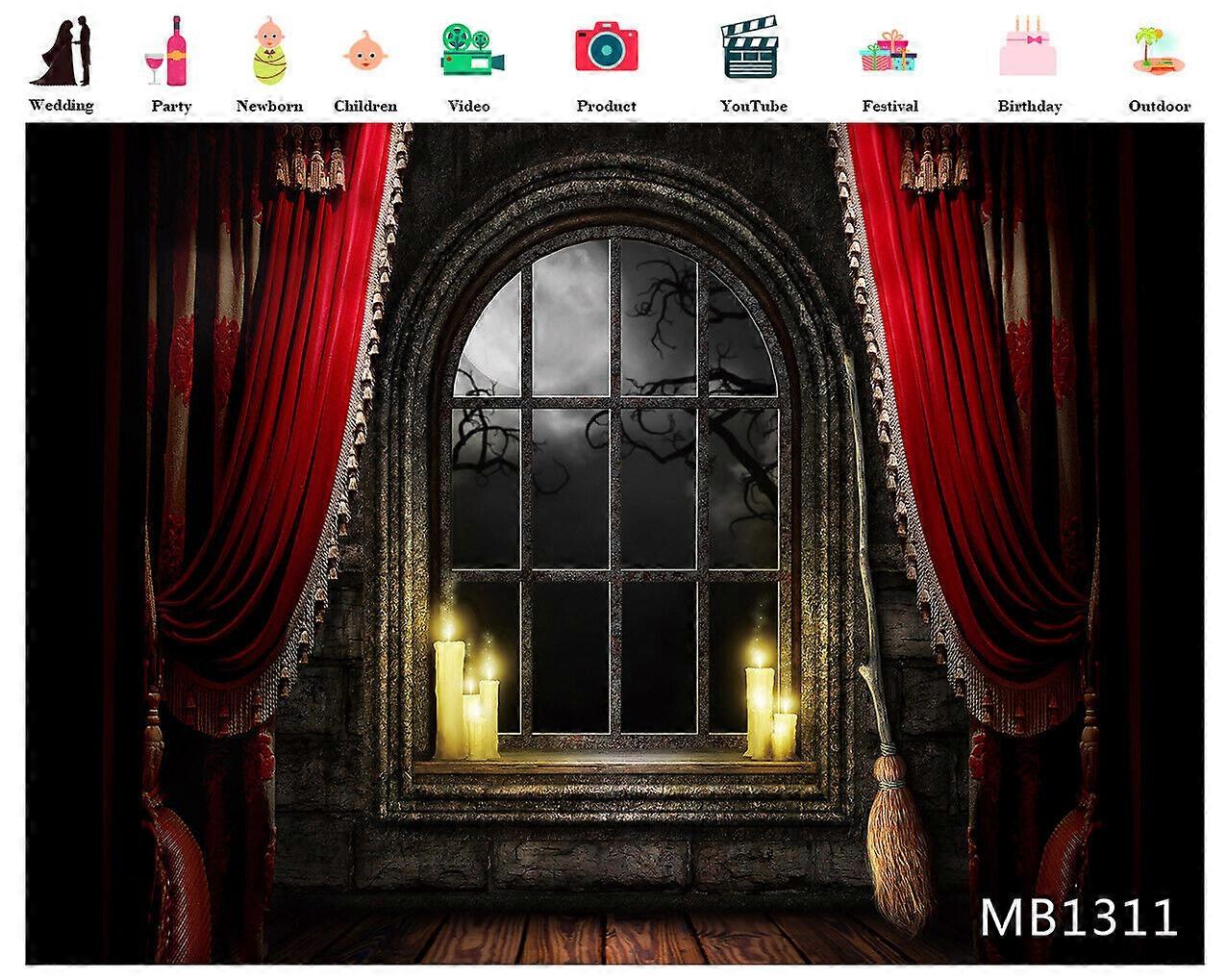 Halloween Castle Windows Backdrop Candle Red Curtain Background Studio Props