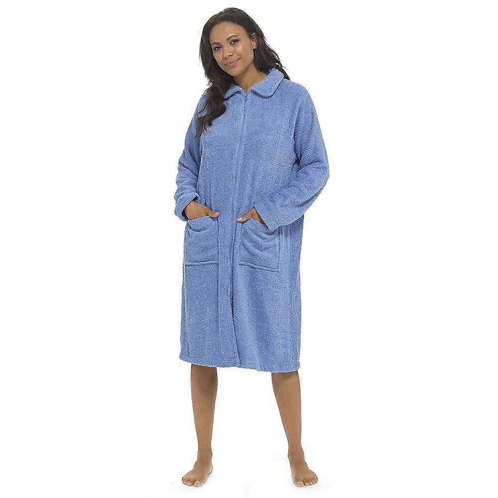 Ladies Towelling Bathrobe Front Zip Dressing Gown Long Sleeves & Deep Pockets