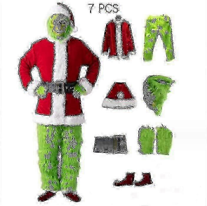 7pcsグリンチコスチュームクリスマスコスプレアダルトサンタコスチューム衣装セット+マスクA