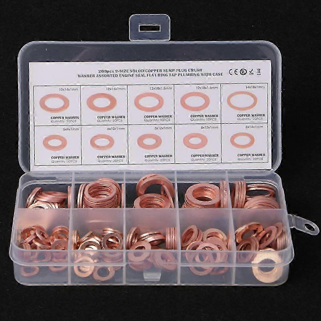 200pcs Copper Washers Gasket Set 9 Sizes Flat Ring Seal Kit With Plastic Box