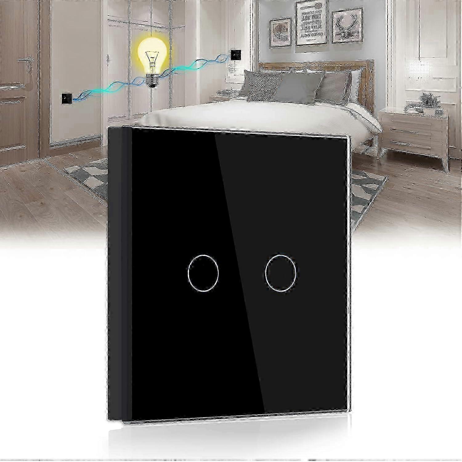 2 Gang 2 Way Light Switch with LED Display - Black Touch Switch with Glass Panel No Neutral Wire TOP