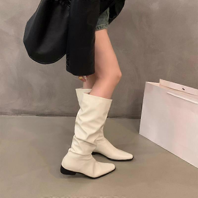 Spring and Autumn New Thick Heel Fold Pile Long Knight Boots Pointed Low Heels Casual Elegant Temperament Sleeve Slim Boots