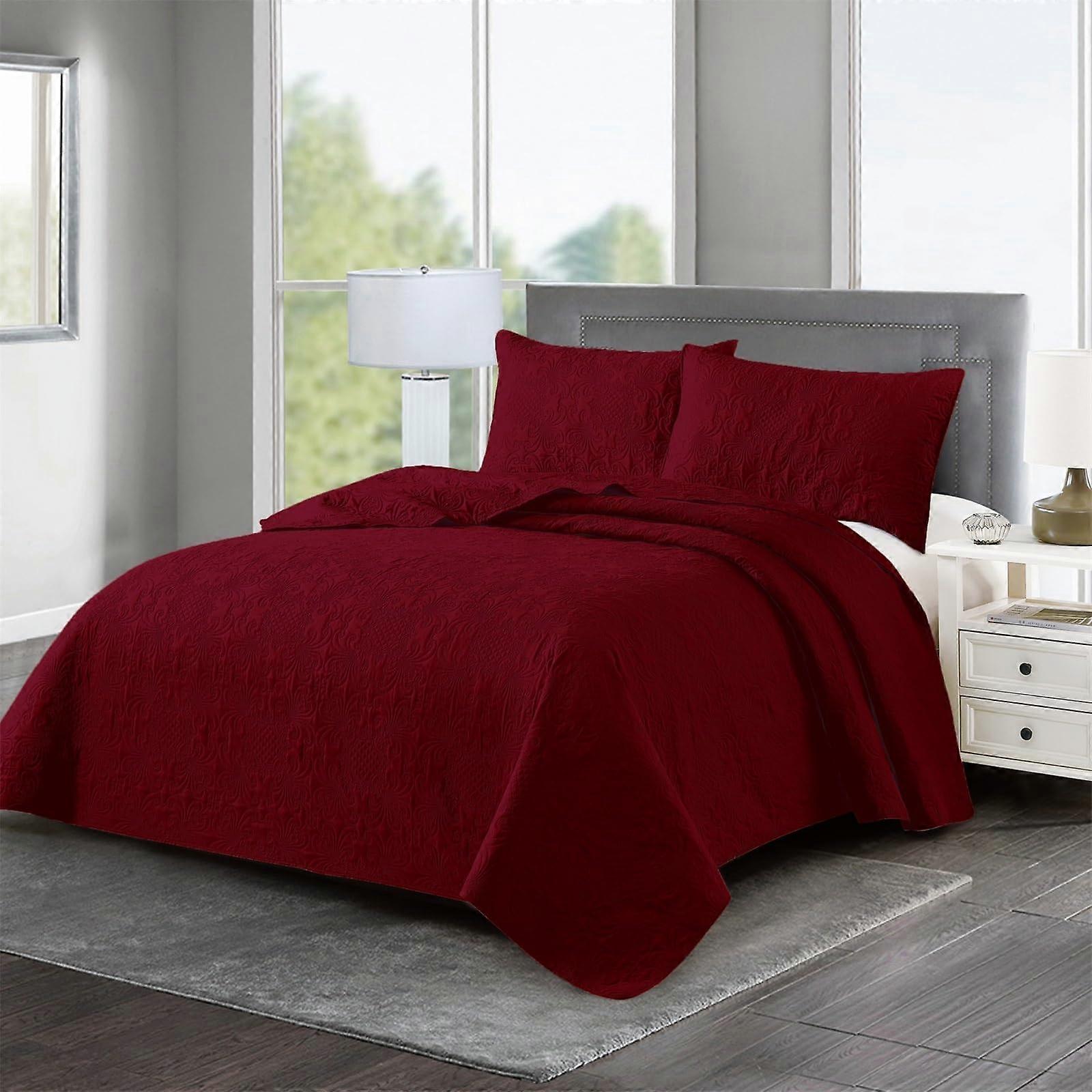 Reversible Quilted Bedspread Set with Pillow Shams  Soft Lightweight Embossed Coverlet (Red 240x260cm)