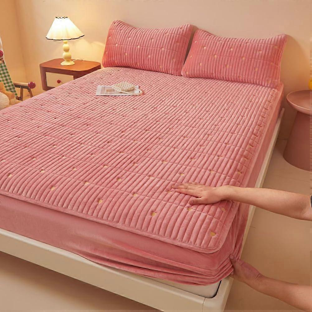 Deep Fitted Bed Sheet Set Soft Warm Velvet with 2 Pillowcases, Pink 150x200cm