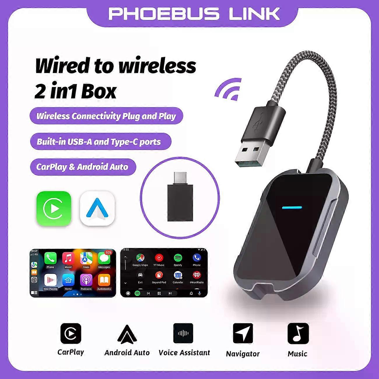2 in 1 Wireless CarPlay Adapter Android Auto Wireless Adapter 5Ghz WiFi Type-C USB Plug and Play Carplay Wireless Adapter Car