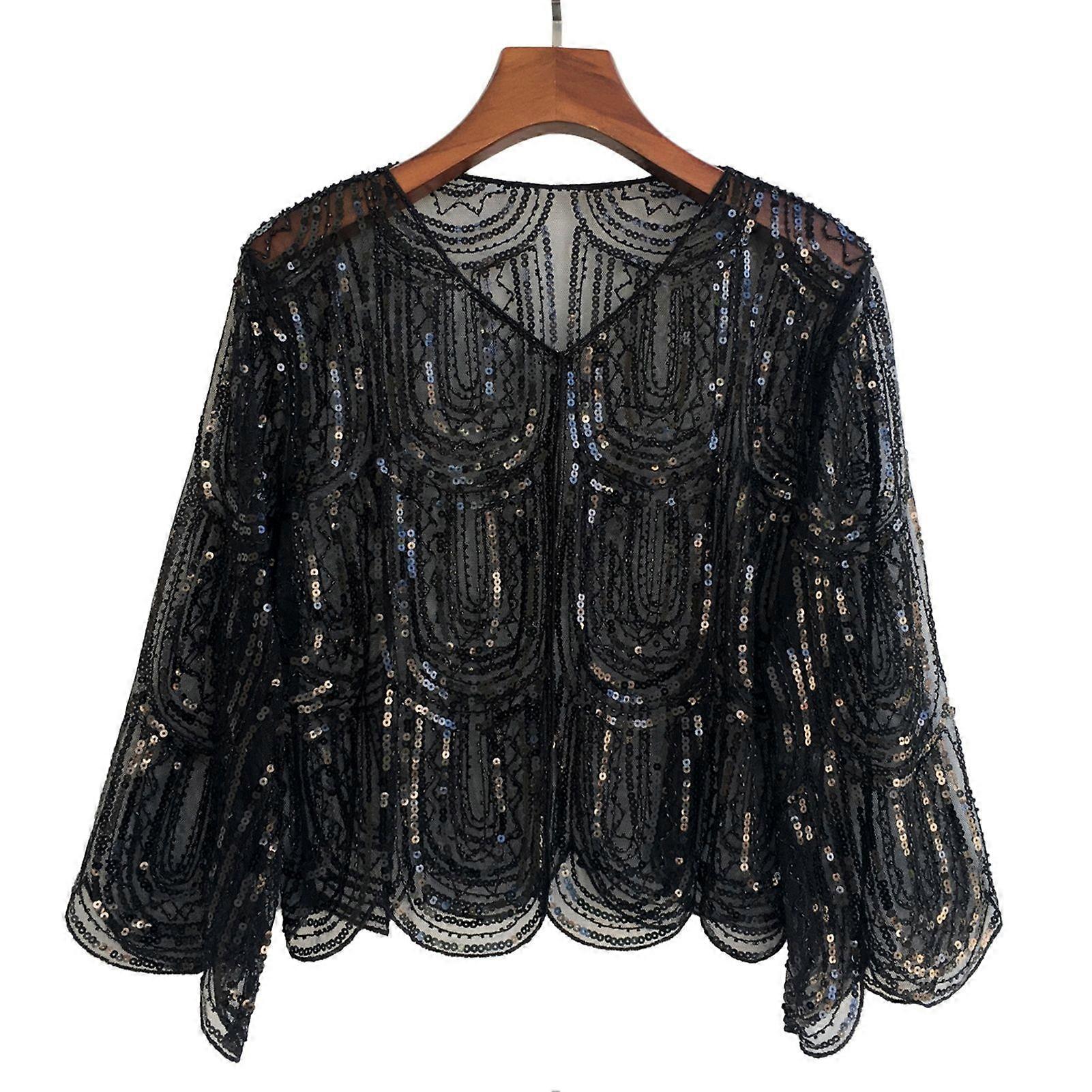 Jikaix Retro Shawl Jacket Soft Lightweight Glitter Sequin Embellished Outerwear Vintage Style Wrap Perfect Evening Accessory