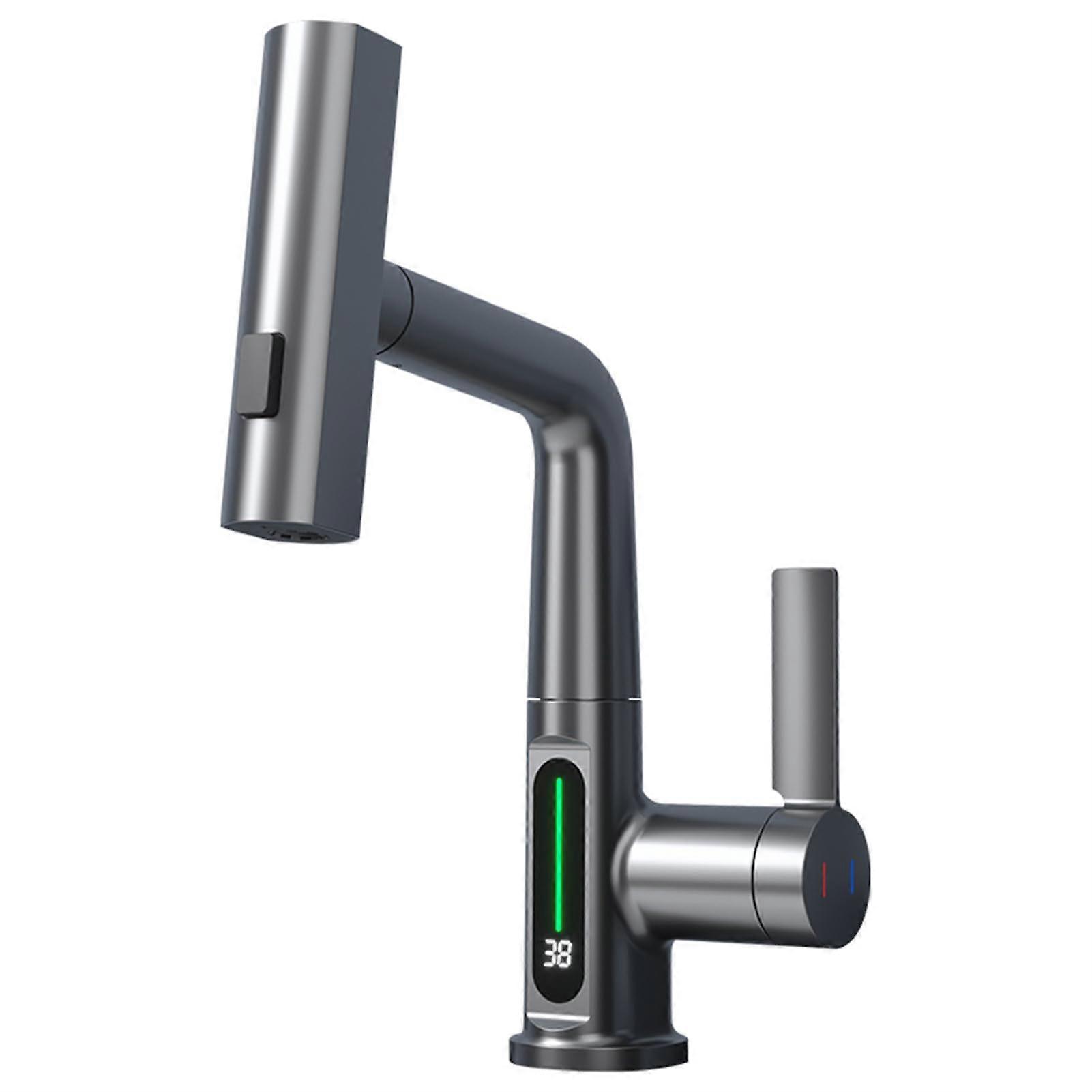 Bathroom Faucet with Temperature Display, Waterfall Spout, Pull Down Sprayer, Single Handle for Kitchen or Sink, Grey