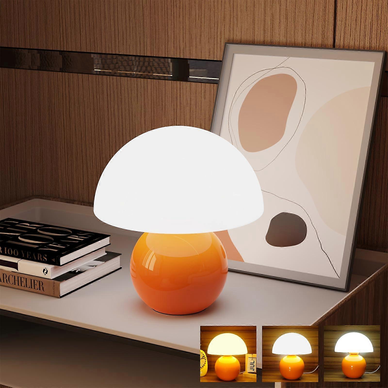 Mushroom Table Lamp Vintage Bedside Light with Handblown Glass Shade, 3Color Control, Orange