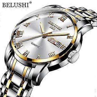BELUSHI Men's Fashion Business Quartz Watches Top Luxury Brand All Steel Waterproof Analog Wristwatch Men Calendar Watch Silver Golden White