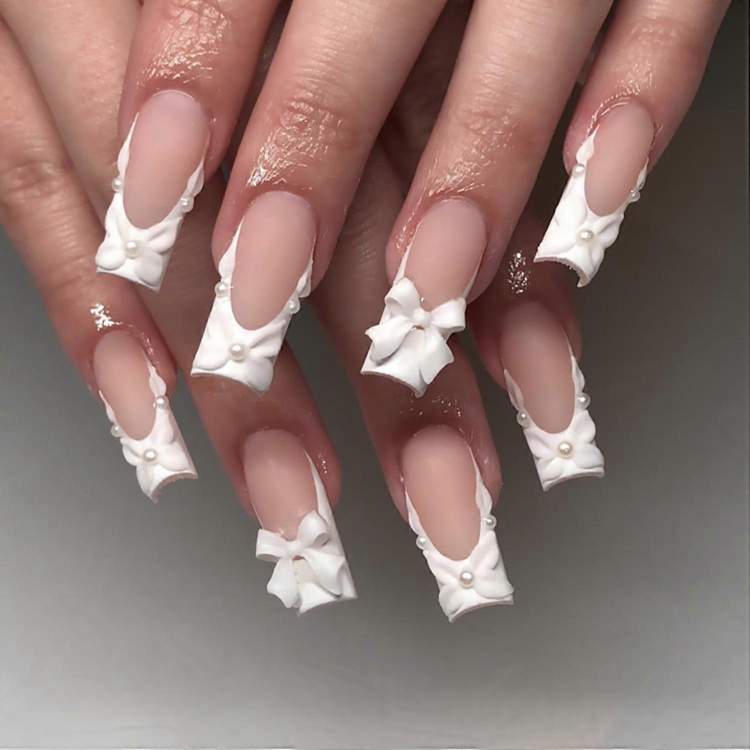 White French Tip Press On Nails Medium Square with Pearls and 3D Bow Flowers, 24pcs Full Cover
