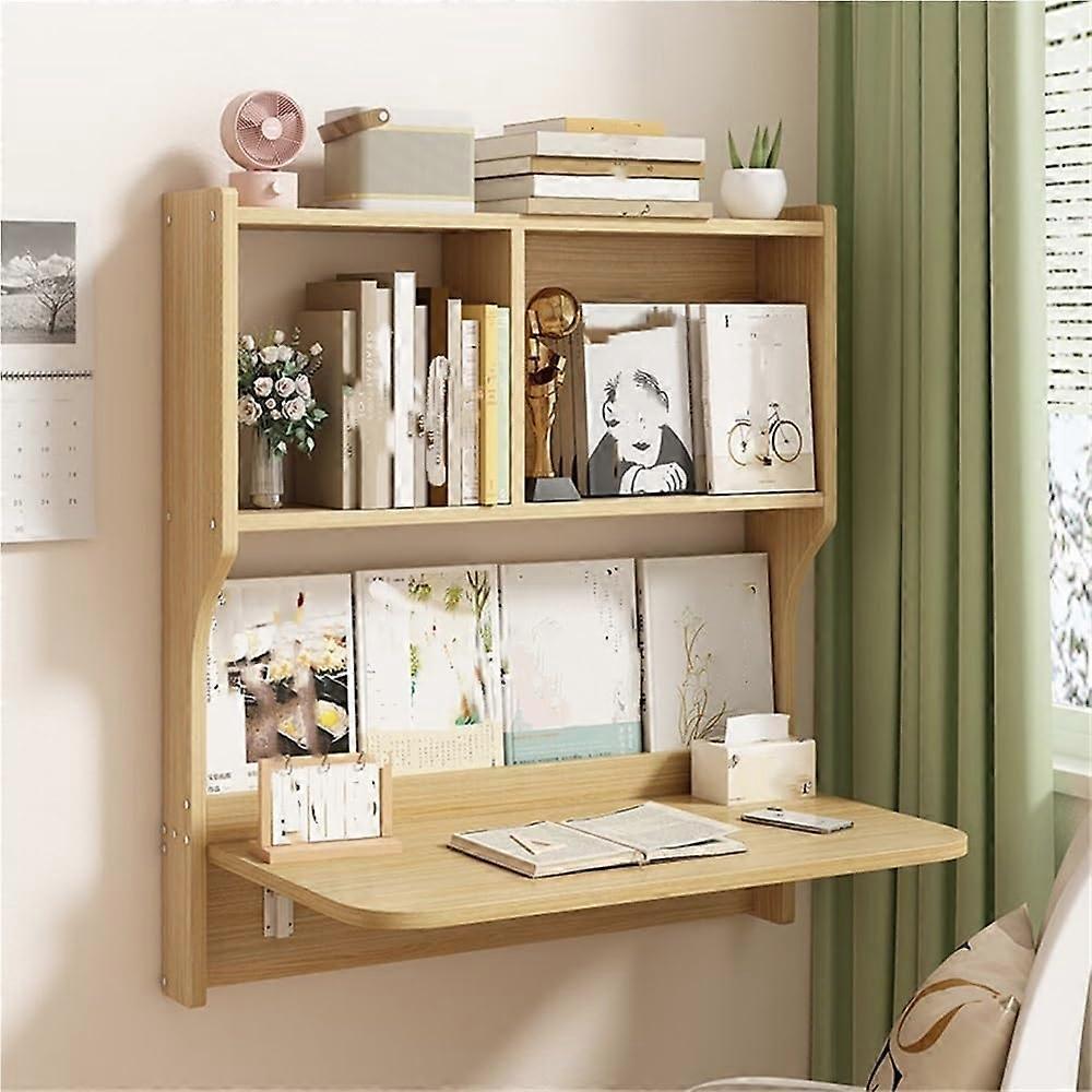 Foldable Wall Mounted Desk with Storage Shelves, Space Saving Floating Table for Small Rooms, Natural