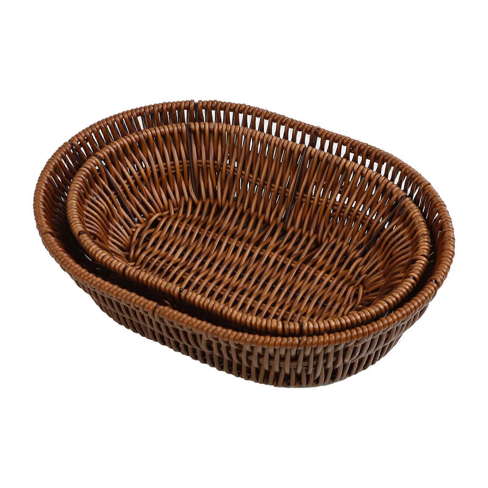 Set of 2 Stackable Wicker Bread Baskets with Metal Frame, Handwoven Rattan Style Serving Bins