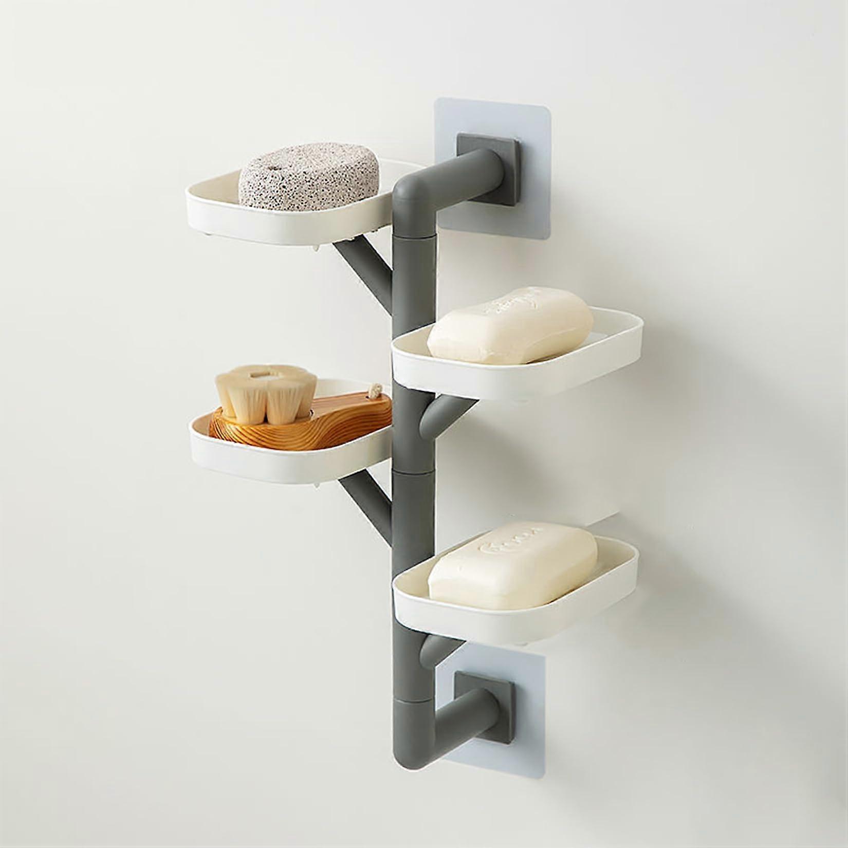 Wall Mounted Rotating Soap Dish MultiLayer SelfDraining NoDrill Bathroom Rack White and Gray