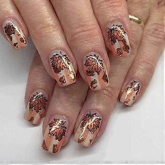 Uñas postizas de otoño con diseño de hoja de arce, cuadradas y brillantes, 24 unidades, cobertura completa, reutilizables