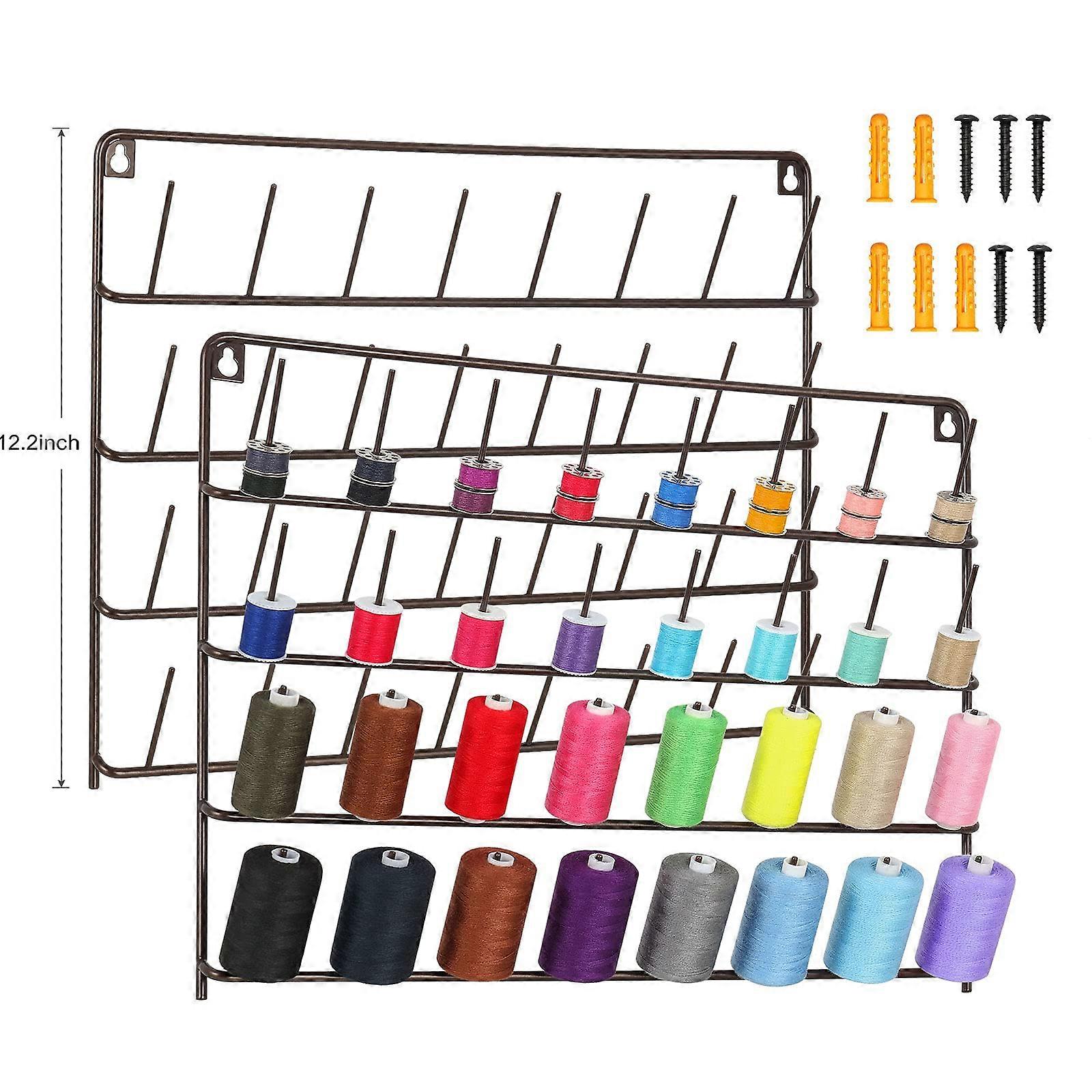 Thread Rack Wall Mounted 2 Pack 64 Spool Holder with Hooks Durable Metal Organizer for Sewing
