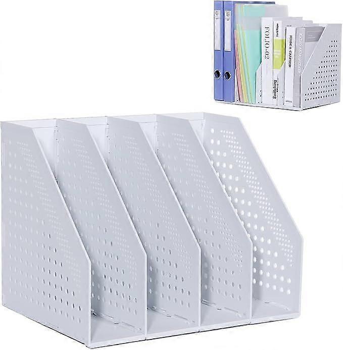 Foldable 4-Compartment Office Magazine Rack & A4 Document Organizer (Light Gray)