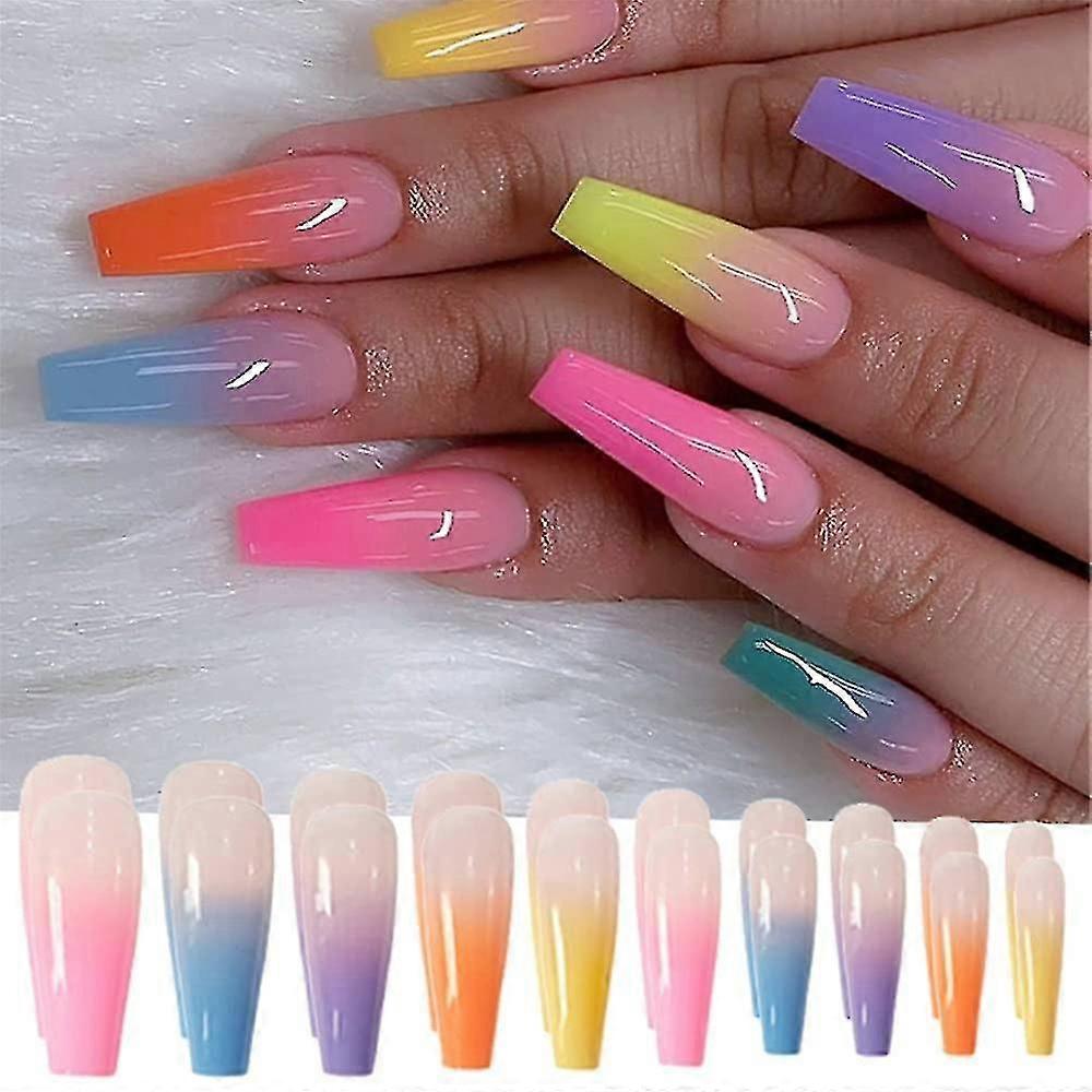48 Pcs Long Fake Nails Rainbow Gradient Color