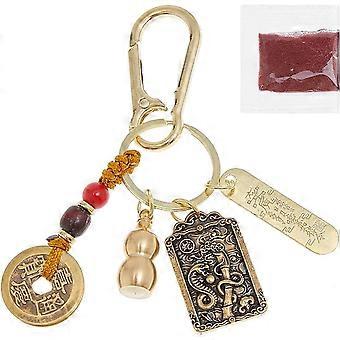Chinese Feng Shui Keychain Brass Keychain with Cinnabar Zodiac Snake Five Emperors Money Copper Gourd Amulet Good Luck Key Chain for Home Car