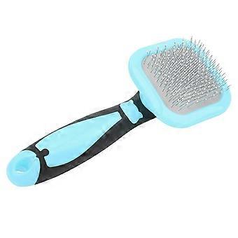 Pet grooming comb with rotating stainless steel needles for gentle removal of cat and dog hair, blue.