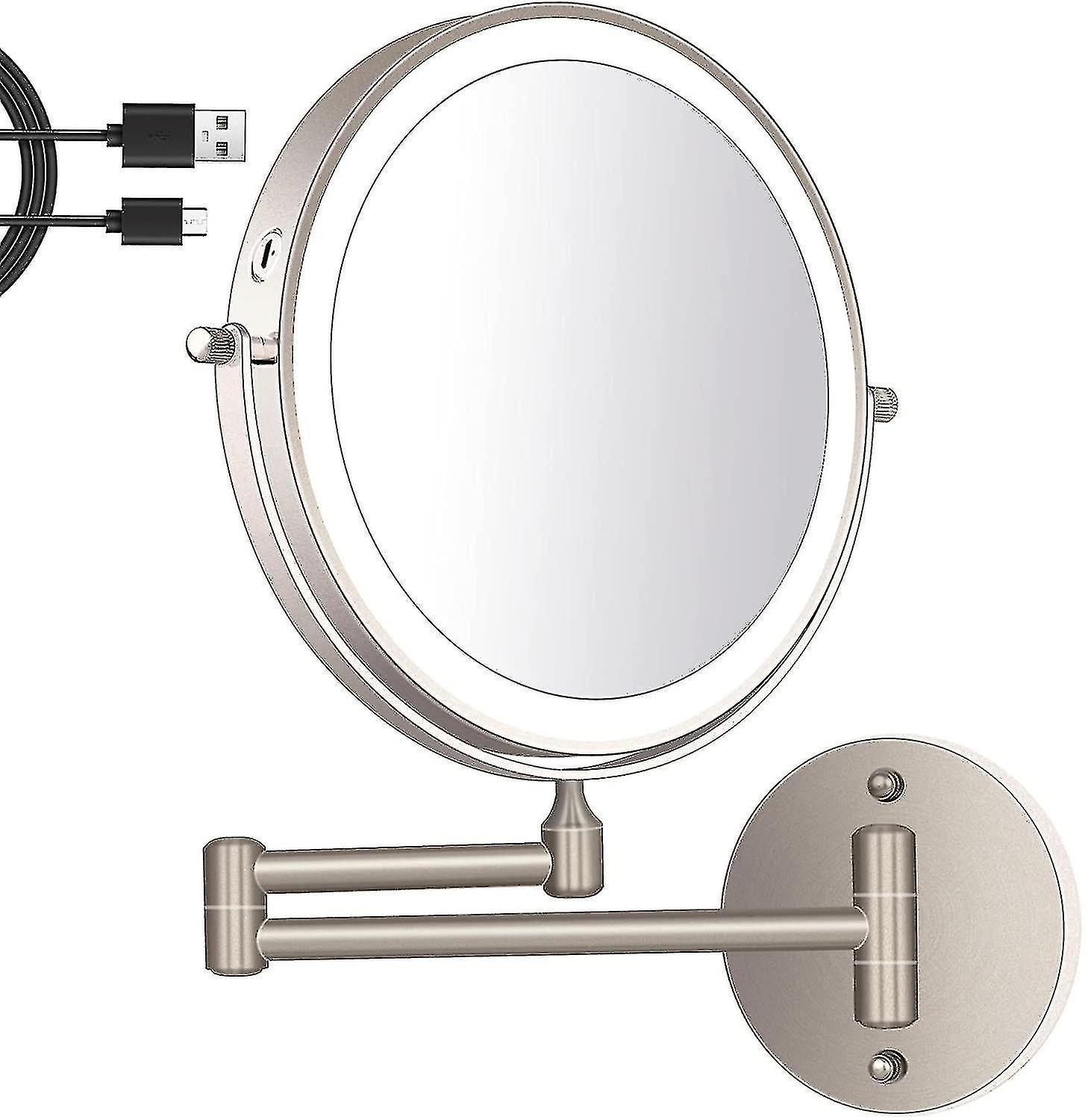 Specchio per il trucco da parete da 8 pollici, ricaricabile tramite USB, con 3 luci a LED colorate, ingranditore bifacciale 1x/10x, interruttore touch, spegnimento intelligente, girevole a 360°.