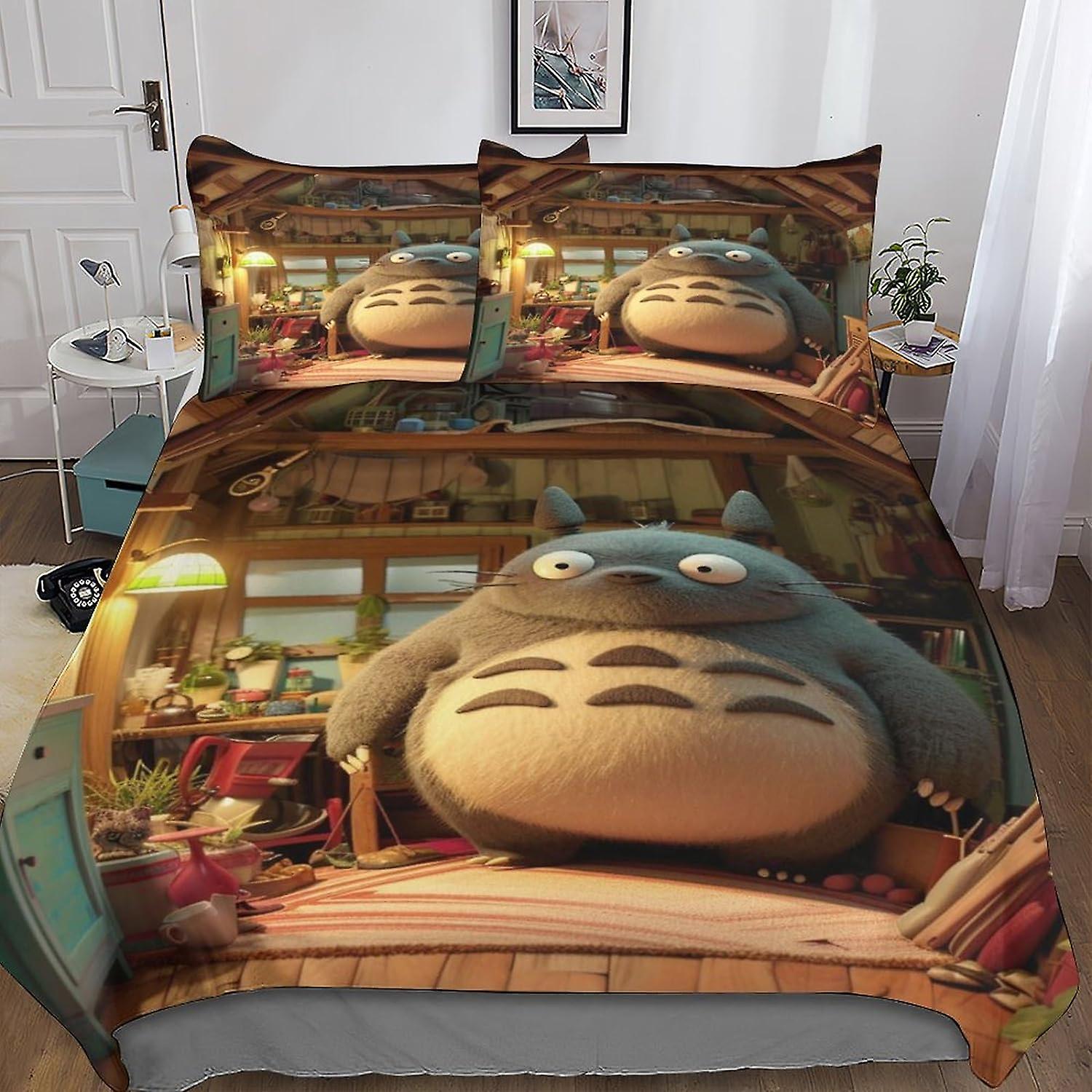 DSJackson Cute Totoro 3D Print Duvet Cover Set - Microfiber Anime Bedding Sets with Hidden Zipper Closure, 3 Pieces Set with Pillowcases, Perfect for