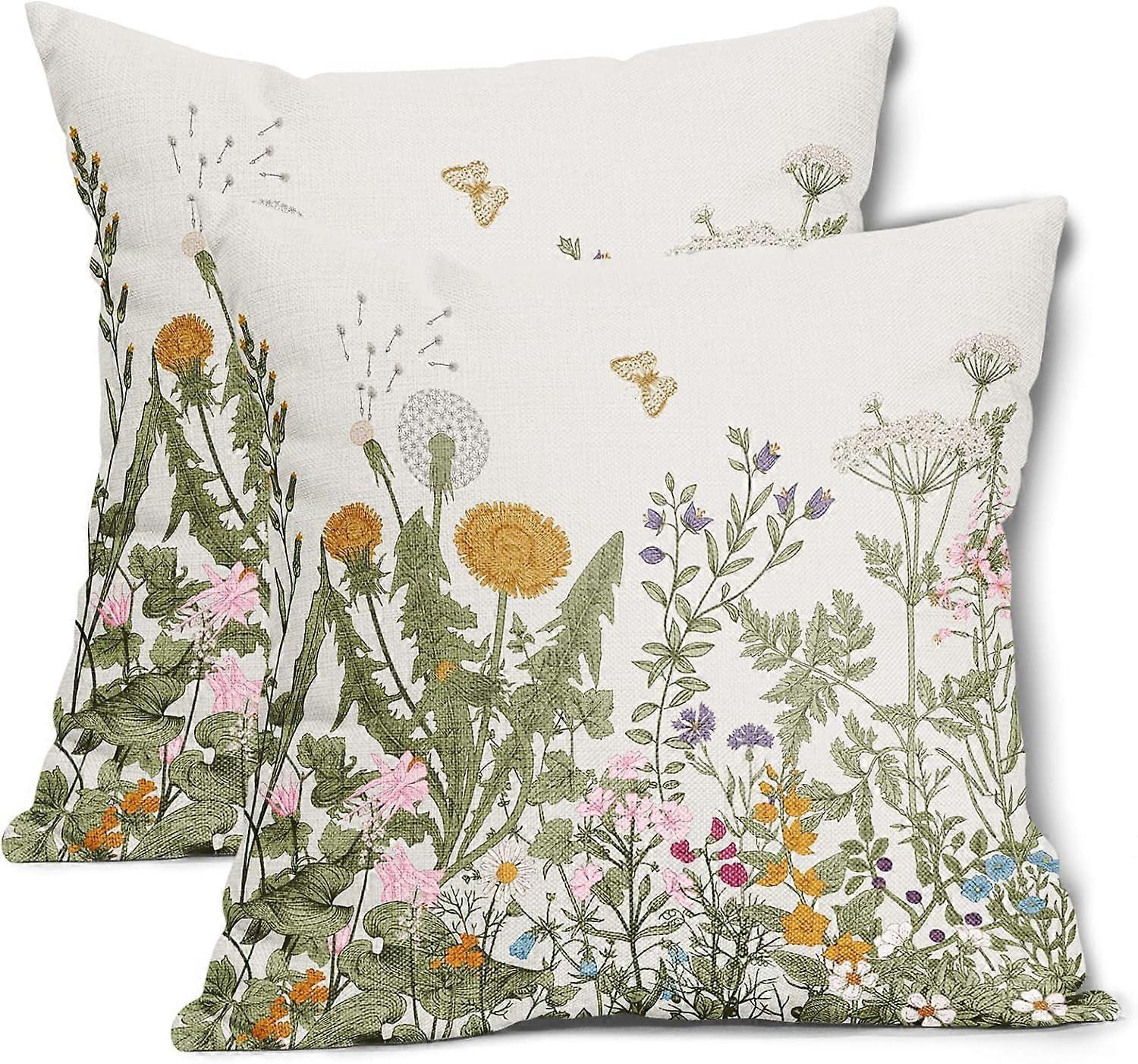 أغطية وسادة الربيع والصيف 20X20 بوصة أوراق حكيم خضراء أوراق نبات أريكة وسادة أكياس وسائد فراشة صفراء زهور رمي وسائد مجموعة من 2 ديكور منزلي مزرعة 