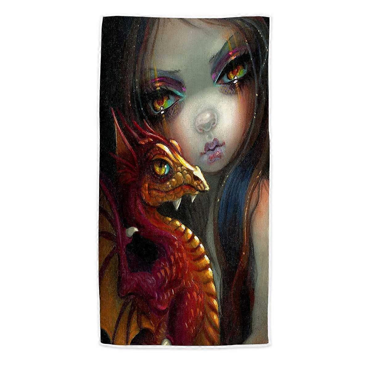 Beautiful Maiden with Her Golden Eyed Dragonling Microfiber Beach Towel