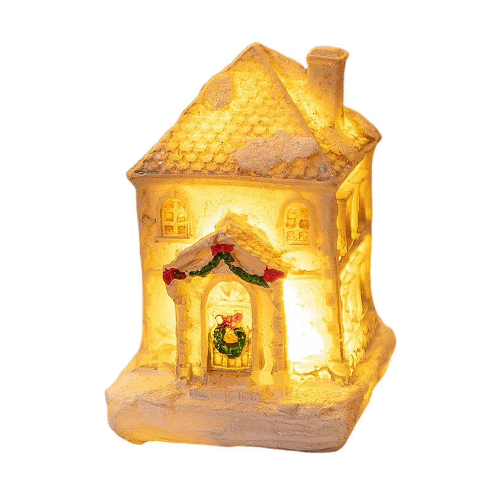 Snow Cabin Ornament Christmas Snow-covered Cabin Figurine with Warm Lights Resin Winter Cabin Village Scene Miniature Decorations for Home Decor