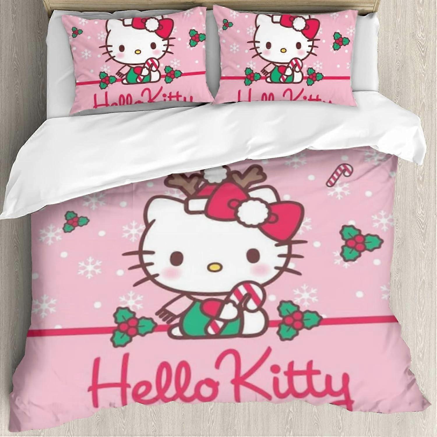 i209 Hello Cat Kitty Rosa Coração Estilo Desenho Animado Conjunto de Capa de Cama de Algodão - 3pcs Conjunto de Cama - Meninas Meninos Crianças Conjunto de Cama - Hello Cat Kitty 