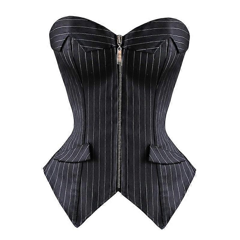 Sapubonva Sexy Black Striped Overbust Corset Office Lady Corselet Sexy Women Zip Corset Bustier Strapless Tops Costume Fashion