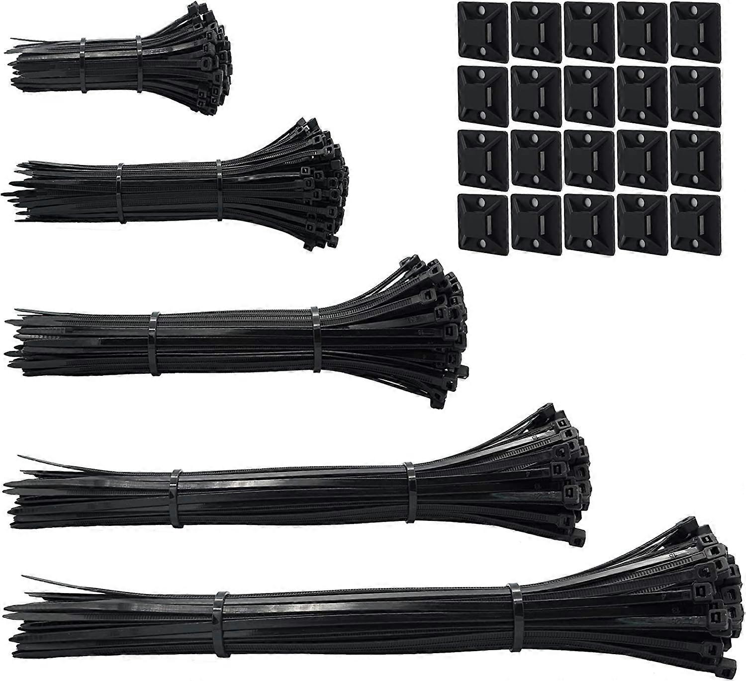 600pcs black Standard Self-Locking Nylon Cable Zip Ties Assorted Sizes 4/6/8/10/12 Inch with cable mount