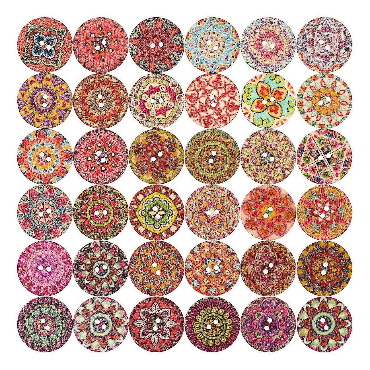 100 Pcs Mixed Round Wooden Buttons Colorful Retro Button For Crafting Sewing Decoration Flower Painted - 20mm