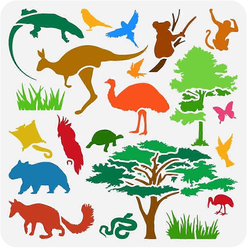 Australian Animals Painting Stencil 11.8x11.8 inch Reusable Kangaroo Sloth Ostrich Lizard Monkey Flamingo Parrot Bird Drawing Template Tree Stencil fo