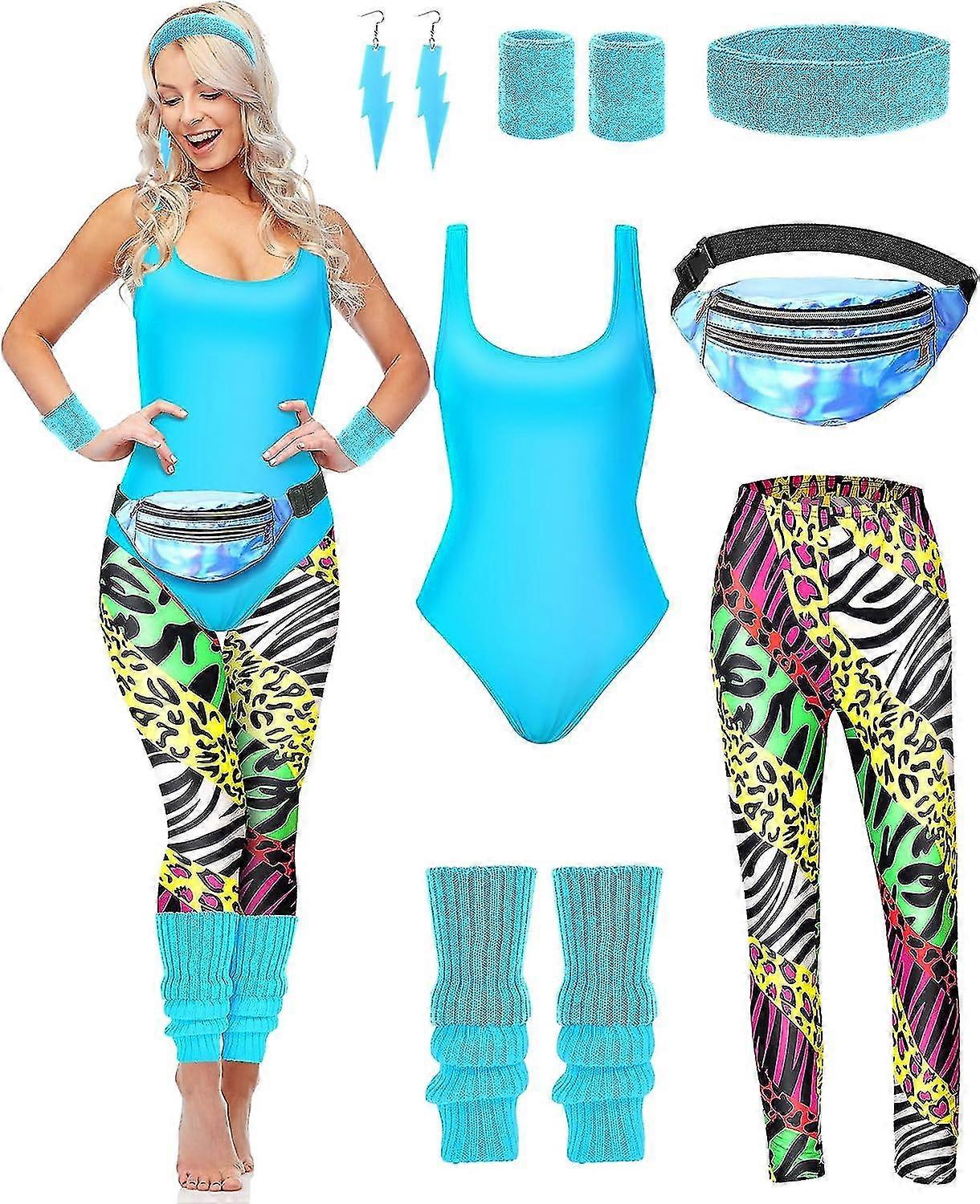 7 יח '80s תחפושת אימון 80s סט אביזרים שנות ה -80 שנות ה -90 בגד גוף טייץ צמידים מחממי רגליים עגילים חבילת פאני